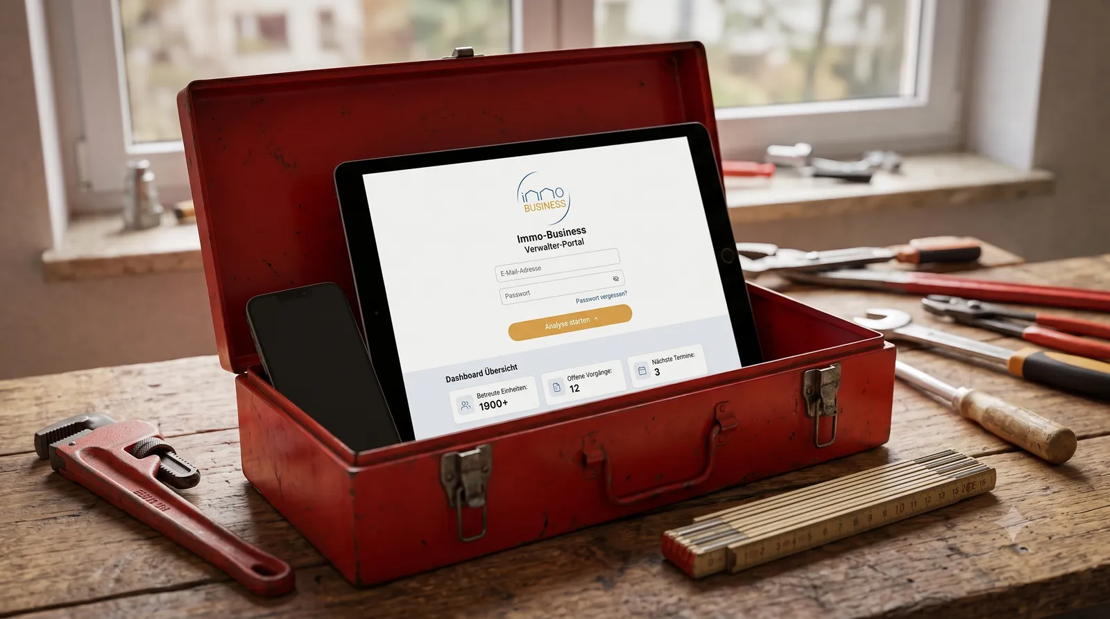 Werkzeugkasten der Immo-Business GmbH: Tablet mit Verwalter-Portal, Smartphone und Rohrzange